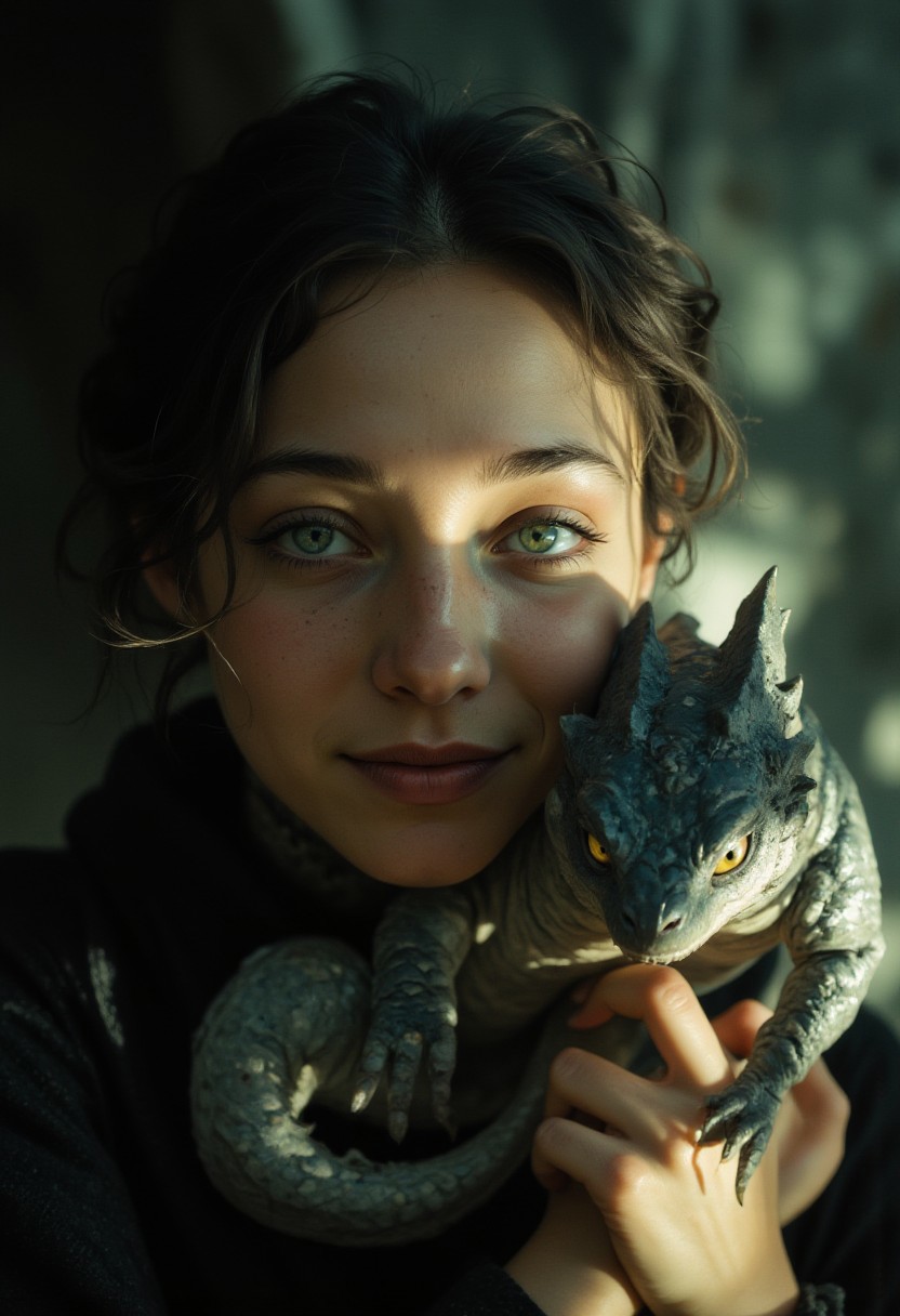4qu4, UHD 32k fantasy movie still, joyful beautiful women holding her cute baby dragon, evokes feeling of joy, close up portrait, fantasy world, Stunning visuals, Texture, beautiful face features, High Detail, Perfect Composition, in shadow with shafts of light, high contrast, silhouetted, chiascuro, MurphFSF