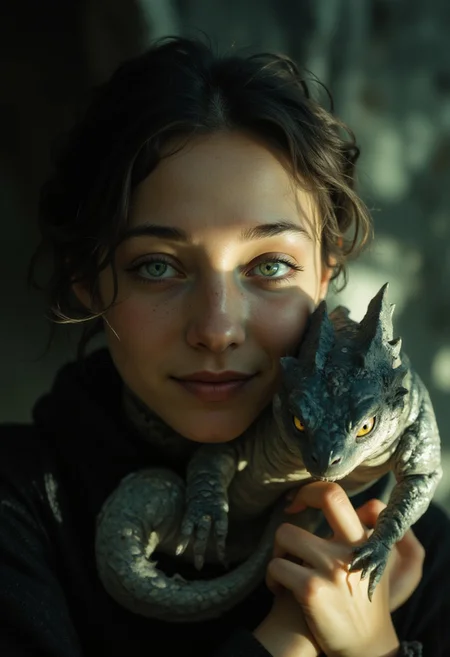 4qu4, UHD 32k fantasy movie still, joyful beautiful women holding her cute baby dragon, evokes feeling of joy, close up portrait, fantasy world, Stunning visuals, Texture, beautiful face features, High Detail, Perfect Composition, in shadow with shafts of light, high contrast, silhouetted, chiascuro, MurphFSF