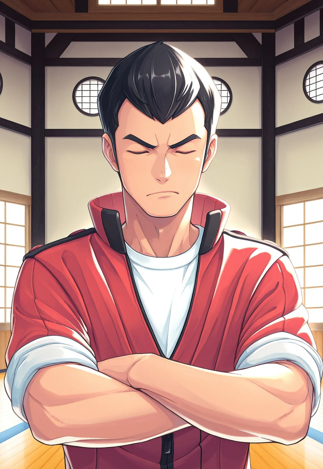 solo, masterpiece, detailed, ultra hd, best quality, 1boy, male, official art, w0lfc0nf, modern, new, masculine face, daddy looking face

PokemonNorman, black hair, short hair, red jacket, white shirt, dojo, arms crossed, eyes closed, thinking