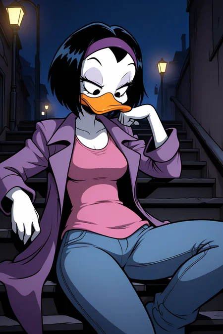 masterpiece, best quality, amazing quality, absurdres, solo, kay-k, duck girl, serious, looking down, elbow rest, leaning back, sitting on stairs, short black hair, purple hairband, white skin, purple coat, pink shirt, blue jeans, outdoors, night, moody, lamppost, alley, night, dark