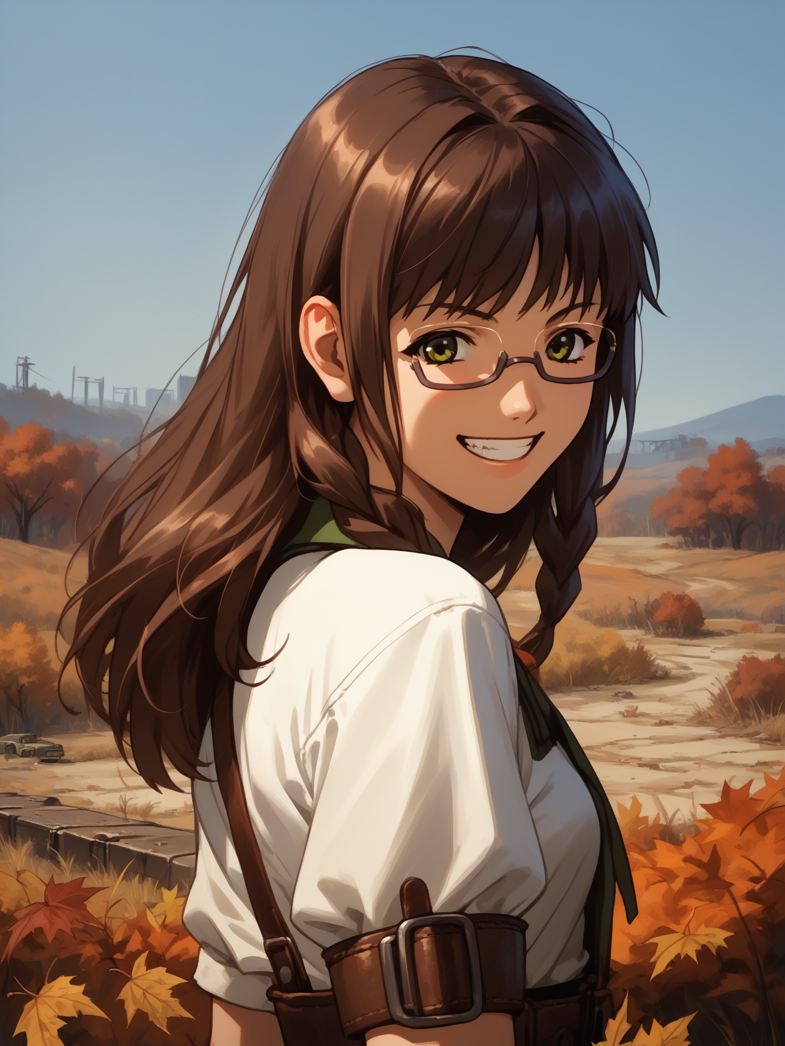 (cowboy shot, solo focus:1.2) <lora:happy_tentacle-hikaru-v0.2-000030:1>, ht_hikaru, glasses, under-rim eyewear, (petite:1.2), <lora:Shed_The_Skin's StS_age_slider_v1_initial_release:-1.25> ( :1.1) ( , , ( :1.2) , grin , looking back :1.2) , outdoors, vegetation, ( :1.1), autumn , (day :0.6), , (:0.5), , ( :0.9), (wasteland :1.2) ( :0.8) score_9, score_8_up, score_7_up, score_6_up, score_5_up, score_4_up, ( [(realistic, photorealistic:1.3):(realistic:1.2):12] [(3d:1.2)::10] :1) <lora:LUUNA's Lunas-NijiJourney-SDXL-B2:0.35>, nijijourney <lora:prgfrg23's Counterfeit-V3.0 Style SDXL_LoRA_Pony Diffusion V6 XL:0.5> <lora:mfcg's mfcgXL:0.12> <lora:reweik's gyokai(himehajime)_PonyXL_style_v01:0.14>
