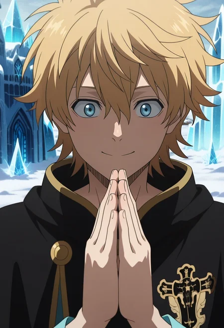 masterpiece, best quality, intricate details, anime screencap, anime coloring, official style, , 1boy, solo, male focus, <lora:luck_voltia_ilxl:0.96>, luck_voltia, blonde hair, blue eyes, short hair, hair between eyes, electricity, , frost cathedral, ice spires, frozen chambers, snow pews, praying pose, solemn expression, winter light,