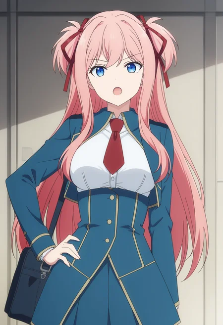 EBLilia, 1girl, solo, long hair, looking at viewer, open mouth, blue eyes, skirt, shirt, ribbon, school uniform, jacket, hair ribbon, white shirt, pink hair, necktie, bag, red ribbon, two side up, blue skirt, hand on hip, blue jacket, red necktie, high-waist skirt, 
 <lora:LiliaKudelfeyt-08:1>, <lora:xl_more_art-full_v1:0.8>