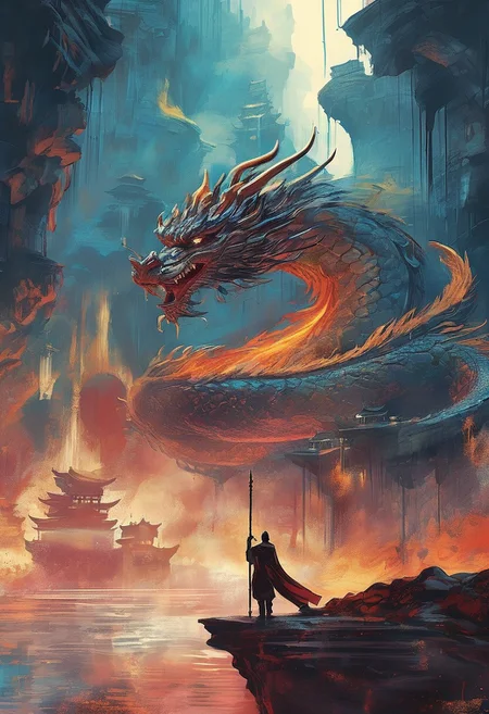 Graphic, digital Illustration. (Artistic) A Chinese dragon guards a futuristic sci-fi chinese city. irregular stone rings hang above the city (((the hovering rings in the sky are gushing waterfalls))), brush strokes and streaks of leaking ink are visible, intense vibrant colors, stark contrasts, liquid, unreal parts, alluring, fluid, perfection, two moons in the night sky, one is translucent. Intricate background (Alphonse Mucha), Illustration (Bill Sienkiewicz:1.5), maximum detail, 4K, hyperrealistic. charcoals, watercolor and ink technique. Include deep rich dark blues, luminous neon highlights, deep darks, include a rich crimson in the colour palette, gold leaf highlights, ((Masterpiece)), (cinematic composition), resplendent lighting