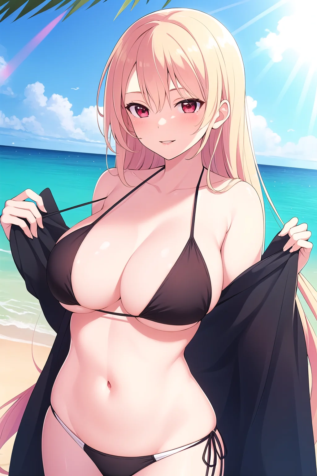 (masterpiece, best quality), highly detailed background, perfect lightingbest quality, <lora:Souji_Senran-Kagura:0.6>, 1girl, solo, outdoors, beach, day, blonde hair, very long hair, red eyes, large breasts, black bikini, swimsuit, smile, closed mouth, parted lips, pink lips.