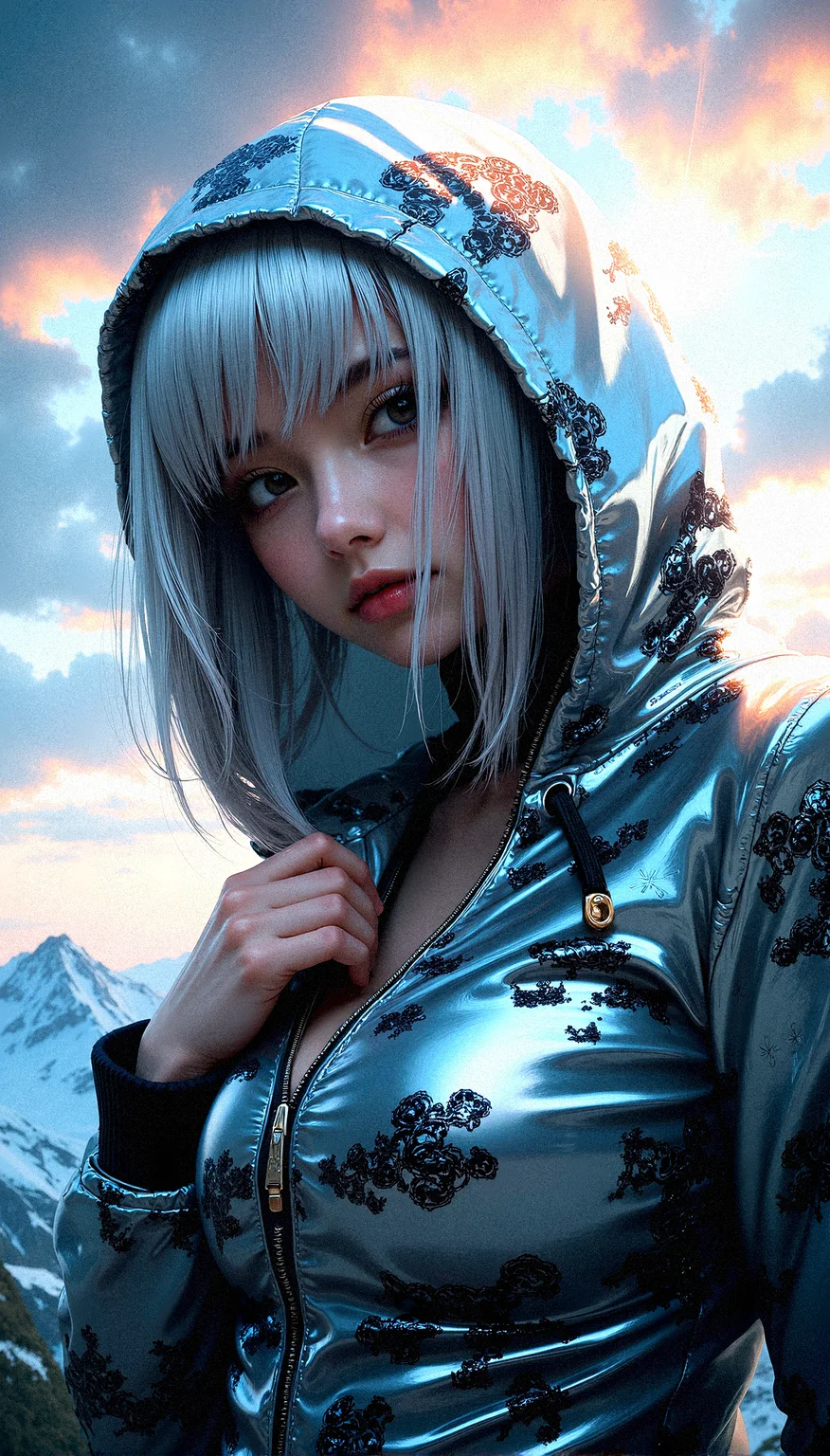 A mysterious beauty is the focal point of this intricate digital artwork, her shining silver hair barely visible beneath a hooded jacket adorned with an intricate cloud print pattern. The jacket is made of a reflective, almost metallic material that catches and refracts light in complex ways, creating a visually stunning texture. The figure’s eyes are hidden in the shadows of the hood, adding to the air of mystery and intrigue. The background features a dramatic, on a cold mountain summit, cloud-filled sky, rich with vibrant colors and swirling patterns, as if nature itself is in turmoil or transition. The lighting is intense, with beams of light cutting through the clouds, casting dynamic shadows across the figure’s face and clothing. The overall composition is highly complex, with rich, saturated colors and extreme detail, making every element—from the texture of the jacket to the vibrant sky—stand out with striking clarity and depth.
She lightly touches her chest, unzipping her jacket,