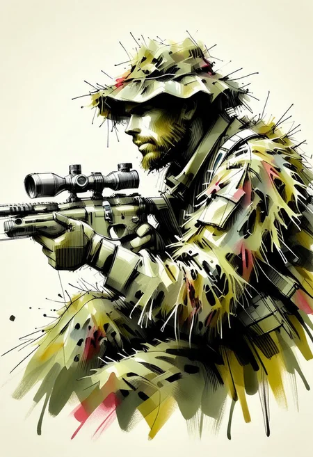 inksketch, a portrait of a sniper, ghillie suit, sniper rifle