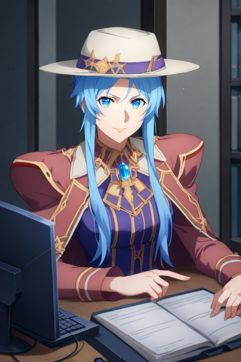 score_9, score_8_up, score_7_up, source_anime, rating_safe, , , looking at viewer, , 1girl, Sapphire eyes, chestnut hair, haute couture garments, fedora, solo, rule of thirds, office, computers, dark, dynamic pose, seductive smile, <lora:sao_alicization_style_pony:0.86>, sao_alicization_style, <lora:sdxl_lightning_8step_lora:1>