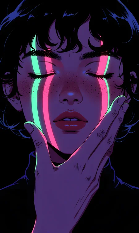 The image features a close-up of a person with their eyes closed, and vibrant, neon-colored streaks flowing from their eyes down their face and hand. The colors include shades of purple, pink, green, and blue, creating a striking contrast against the subject's skin tone. The person has freckles on their cheeks and nose, adding texture to their complexion. Their hair is dark and appears slightly tousled.
The camera captures the subject from a frontal angle, focusing closely on their face and upper body. The lighting is soft and even, highlighting the details of the subject's skin and the vivid colors of the streaks. The light source seems to be positioned in front of the subject, ensuring that the colors are bright and well-defined. Shadows are minimal, maintaining the clarity of the image.
The background is completely black, which isolates the subject and makes the colors pop even more. This stark contrast draws all attention to the subject and the artistic elements of the image. There are no other objects or distractions in the background, keeping the focus solely on the person and the neon streaks.
The composition is centered, with the subject's face taking up most of the frame. The hand gently touching the mouth adds an element of intrigue and emotion to the image. The lines of the neon streaks lead the viewer's eye across the face and down the hand, creating a dynamic flow within the composition. The overall effect is both artistic and emotive, evoking a sense of mystery and creativity.
BREAK anime, d13s3lp2nk, bboil artist style, OBdonman, Anime art, <lora:FLUX\Anime Art V3:0.2>, <lora:FLUX\Synesthesia:0.2>, <lora:FLUX\RetroAnimeS1.1:0.5>, <lora:FLUX\Flux-jijia:0.1>, <lora:FLUX\It's a LoRA for portraits, BUT! actually specialized in backgrounds. v1.0:0.1>, <lora:FLUX\GLSHS:0.2>, <lora:FLUX\Dieselpunk Delight - s0_9 g4:0.4>, <lora:FLUX\OBdonman, anime0style portrait:0.1>