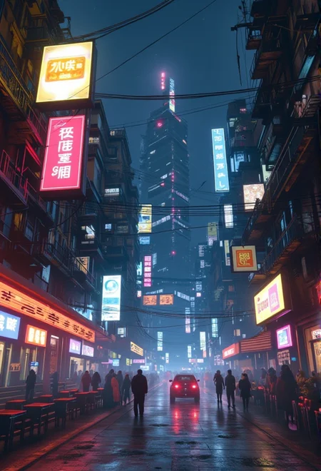 A wide-angle shot of a futuristic cityscape at night with neon signs. The scene is detailed and realistic, emphasizing the futuristic, cyberpunk aesthetic. The setting is immersive, with intricate details like city lights .<lora:bv-cybstyenh-v1.safetensors:1.0:1.0>