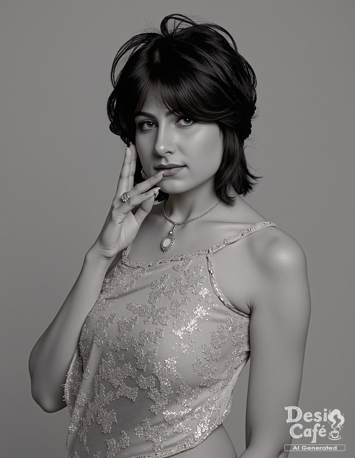 black and white photo of 4y3sh4 jhulk4 woman, hyper realistic photo that is safe for work, shy smile, studio quality image with natural colors, well dressed wearing intricate sleeveless Apricot Jeans_with_kurta, hair styled as  messy pixie,muted pastel shaded multicolored background that contrasts with the person, cinematic lighting,âââââ  <lora:4y3sh4_jhulk4_Ayesha_Jhulka_Flux_Kohya_V1:0.9>âââ