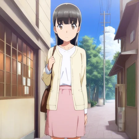 masterpiece, best quality, score_9,
<lora:Hitomi_hinamatsuri_v11:1>, hitomi_il, 1girl, solo, brown_hair, bangs, hair_between_eyes, brown_eyes, long_hair, yellow_cardigan, long_pink_skirt, white_shirt, brown_bag, blue sky, cowboy shot, looking at viewer