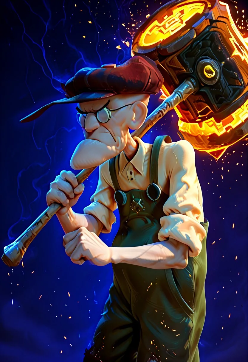 Masterpiece, absurdres, best quality, highly detailed, 1boy, solo, Eustace, Bagge, Green overalls, yellow shirt, hat, glasses, grumpy expression, hammer, holding, magical hammer, arcane glow, closeup,