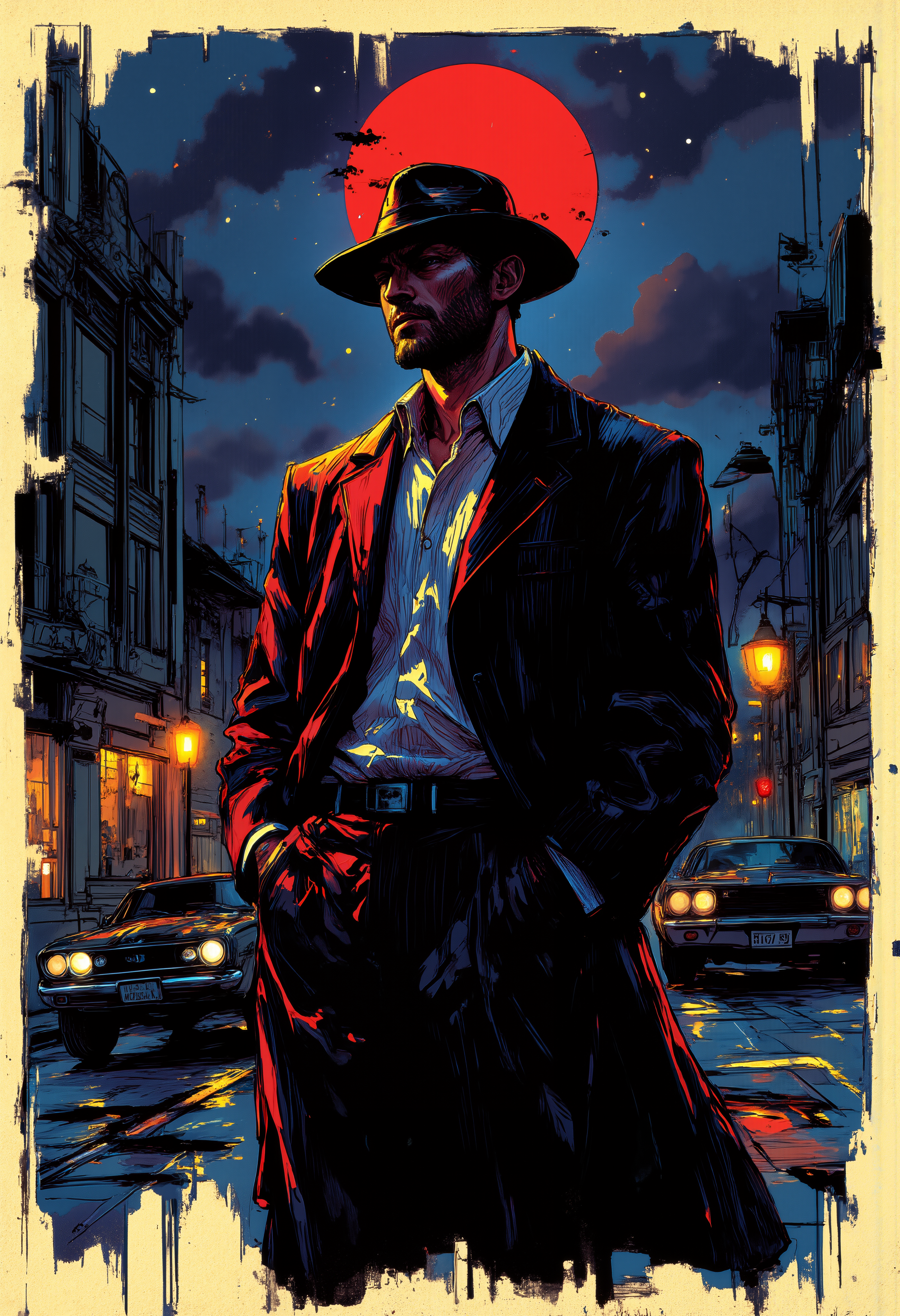 Retro game style, man in old school suit, upper body, true detective, detailed character, nigh sky, crimson moon silhouette, american muscle car parked on dark street in background, complex background in style of Bill Sienkiewicz and Dave McKean and Carne Griffiths, extremely detailed, mysterious, grim, provocative, thrilling, dynamic, action-packed, fallout style, vintage, game theme, masterpiece, high contrast, stark. vivid colors, 16-bit, pixelated, textured, distressed
