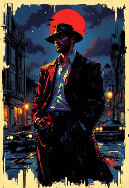 Retro game style, man in old school suit, upper body, true detective, detailed character, nigh sky, crimson moon silhouette, american muscle car parked on dark street in background, complex background in style of Bill Sienkiewicz and Dave McKean and Carne Griffiths, extremely detailed, mysterious, grim, provocative, thrilling, dynamic, action-packed, fallout style, vintage, game theme, masterpiece, high contrast, stark. vivid colors, 16-bit, pixelated, textured, distressed