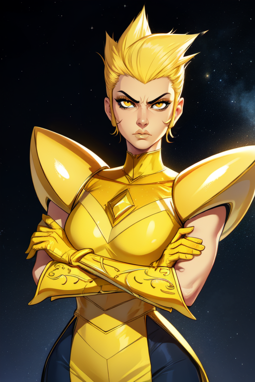 ylwdim,(yellow skin:1.2),yellow eyes,spiked hair,blonde hair,
gloves,pants,yellow armor,pauldrons, serious, 
standing,upper body, crossed arms, 
stars,gold base,
(insanely detailed, beautiful detailed face,beautiful detailed eyes, masterpiece, best quality),<lora:yellowdiamond-10v6:0.8>,
