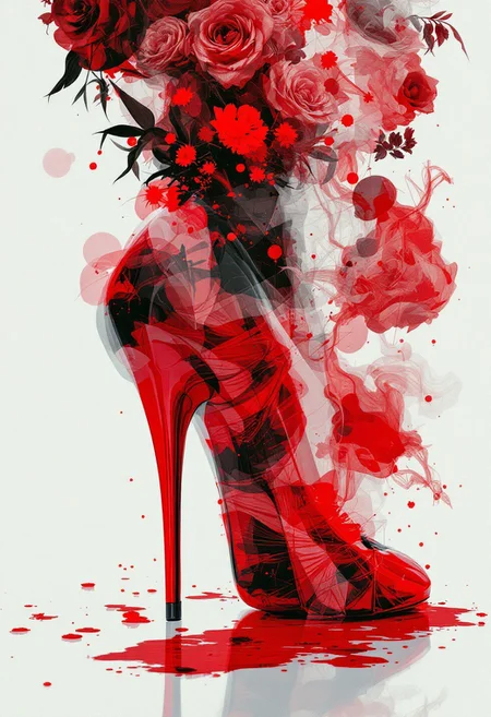 transparent, stiletto, flowers down on the floor, abstract, black, red, hyper-realism, hyper-detailed, colorful