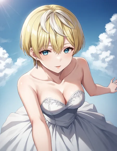 score_9, score_8_up, score_7_up, source_anime, BREAK
1girl, solo, looking at viewer, cowboy shot, reaching towards viewer, wedding ring, bridal veil, clouds, above sky, simple background,
wedding dress, pov, cleavage, collarbone,
tenka izumo, short hair, multicolored hair, white hair, blonde hair, blue eyes, hair between eyes, single earring,
<lora:tenka_izumo_anime-soralz:0.9>, <lora:wedding dress_pony_V1.1:1>