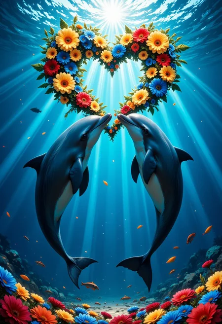 Vibrant digital artwork featuring two dolphins swimming upright in a deep blue ocean. The dolphins are positioned symmetrically, facing each other with their noses almost touching. Above them, a heart-shaped formation made of yellow, blue, and red flowers floats, illuminated by rays of sunlight penetrating the water. The ocean floor is visible, adorned with scattered colorful petals matching those in the heart. Small fish swim around, adding to the lively underwater scene. The overall composition is dynamic, with a sense of movement and harmony, enhanced by the play of light and color throughout the image.
