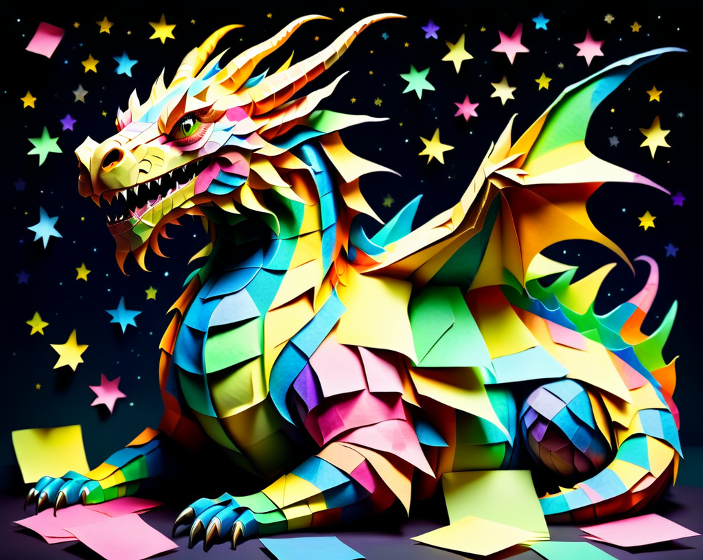 a massive colorful dragon with fine scales made out of Jed-StickyN, laying down curled up asleep, eyes closed, head down, head on front feet, dynamic angle, dark fantasy, intricate details, ultra wide shot, zoomed out, 
<lora:StickyNotesStyle:1>,  <lora:add-detail-xl:0.7>,  <lora:sd_xl_dpo_lora_v1:1>, <lora:xl_more_art-full_v1:0.3>,  set against a  background of a starry sky,