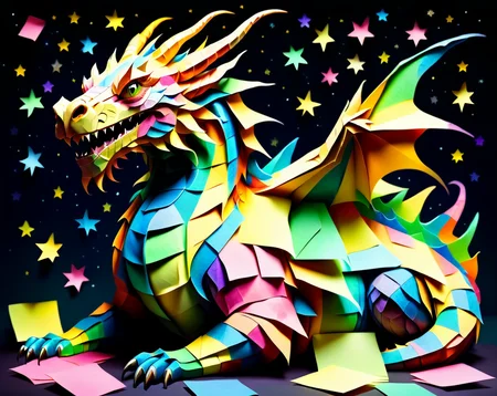 a massive colorful dragon with fine scales made out of Jed-StickyN, laying down curled up asleep, eyes closed, head down, head on front feet, dynamic angle, dark fantasy, intricate details, ultra wide shot, zoomed out,
<lora:StickyNotesStyle:1>, <lora:add-detail-xl:0.7>, <lora:sd_xl_dpo_lora_v1:1>, <lora:xl_more_art-full_v1:0.3>, set against a background of a starry sky,