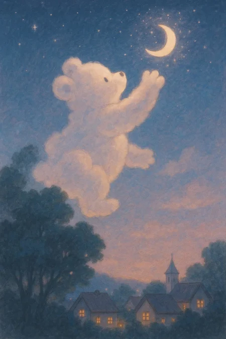 A fluffy cloud-bear rises above the treetops during twilight, its paws reaching toward the low-hanging moon. Its body is made of gentle cumulus clouds, slightly glowing from within. The moon shyly hides behind a patch of stars, peeking out just enough to be touched. Below, a sleepy village watches in awe, lanterns flickering. The scene is silent, serene, filled with magic and longing. Style: soft focus, dreamy, pastel colors, Studio Ghibli meets book illustration, emotion: innocent yearning and gentle joy.