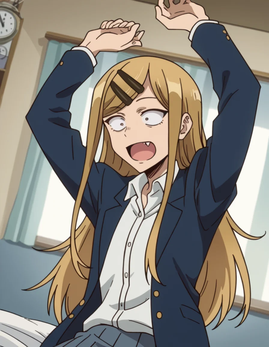 score_9, score_8_up, score_7_up, source_anime, <lora:saya-endou-s2-ponyxl-lora-nochekaiser:1>, saya endou, long hair, blonde hair, hair ornament, brown eyes, hairclip, fang, wide-eyed, constricted pupils, sanpaku,, skirt, shirt, hair ornament, school uniform, jacket, pleated skirt, socks, blazer,, bedroom, alarm clock, morning routine, yawning, stretching, on bed,, smile, , hand holding a cup, solo,, cowboy shot, dutch angle