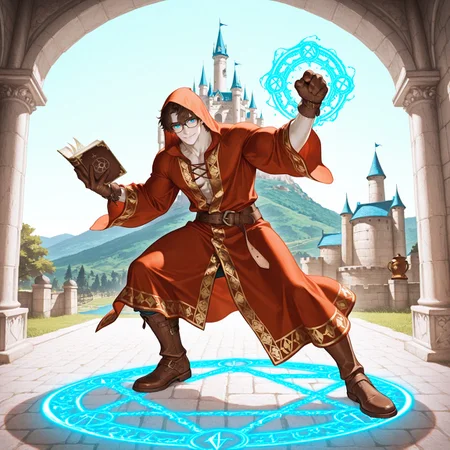 1boy, male, solo, full body, perfect anatomy, easynegative, clear eyes, BREAK 

[1boy, (Human), twink, pale skin, short hair, fluffy hair, brown hair, blue eyes, (glasses), burgandy hooded robe, hood up, brown boots, gloves, holding spellbook], BREAK

Castle, clear sky, smile, combat pose, look at viewer, magic circle, glow, summon elemental, BREAK

masterpiece, perfect quality, best quality, perfect anatomy, absolutely eye-catching, homoerotic, BREAK

((4k,8k,Ultra HD)),((Masterpiece :1.2)),((Best quality :1.2)),((Detailed :1.5)),((Detailed background :1.5))