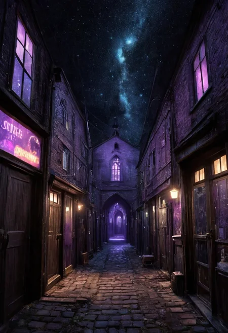 score_9, score_8_up, score_7_up, retro marketplace, celestialpunkai, extremely detailed, the horror of stars, alleyway, church,  masterpiece, realistic, best quality, cosmic horror, Style-Volumetric, bright horror, s0lar, purple glow,