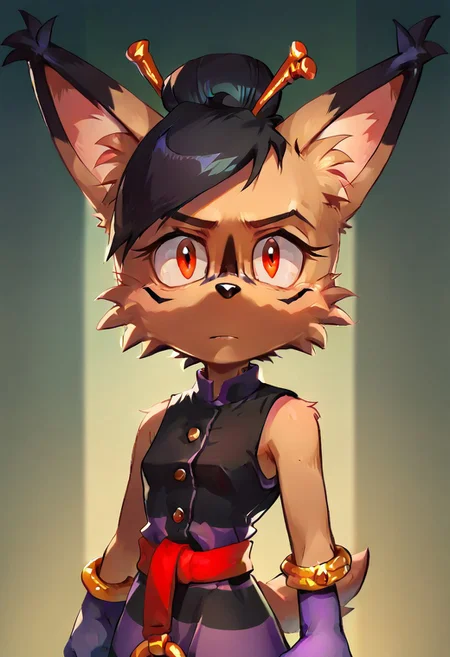 score_9, score_8_up, score_7_up, source_furry, nicole the lynx, brown body fur, black short hair, hair stick, hair bun, red eyes, black facial mark, sleeveless dress shirt, bracelet, purple elbow gloves, red sash, long striped skirt, shiny eyes, looking at viewer, pureerosface_v1