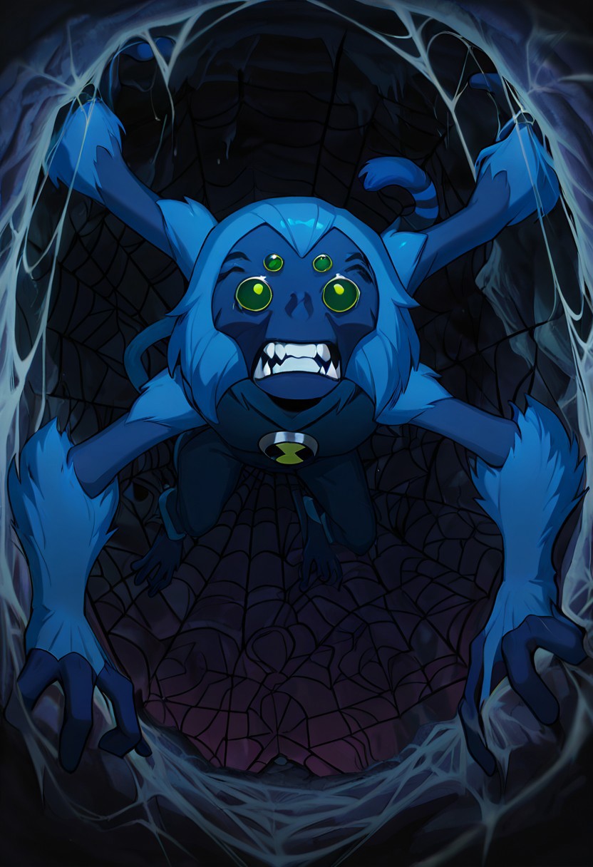 masterpiece, best quality, amazing quality, very aesthetic, absurdres, newest,, detailed background, 
spidermonkey, extra eyes, solo, blue skin, extra arms, long blue tail, , green eyes, teeth, blue hair, , teeth, fangs, four arms, 
spider cave, inside cave, massive webs, on webs, spider webs, cobwebs,