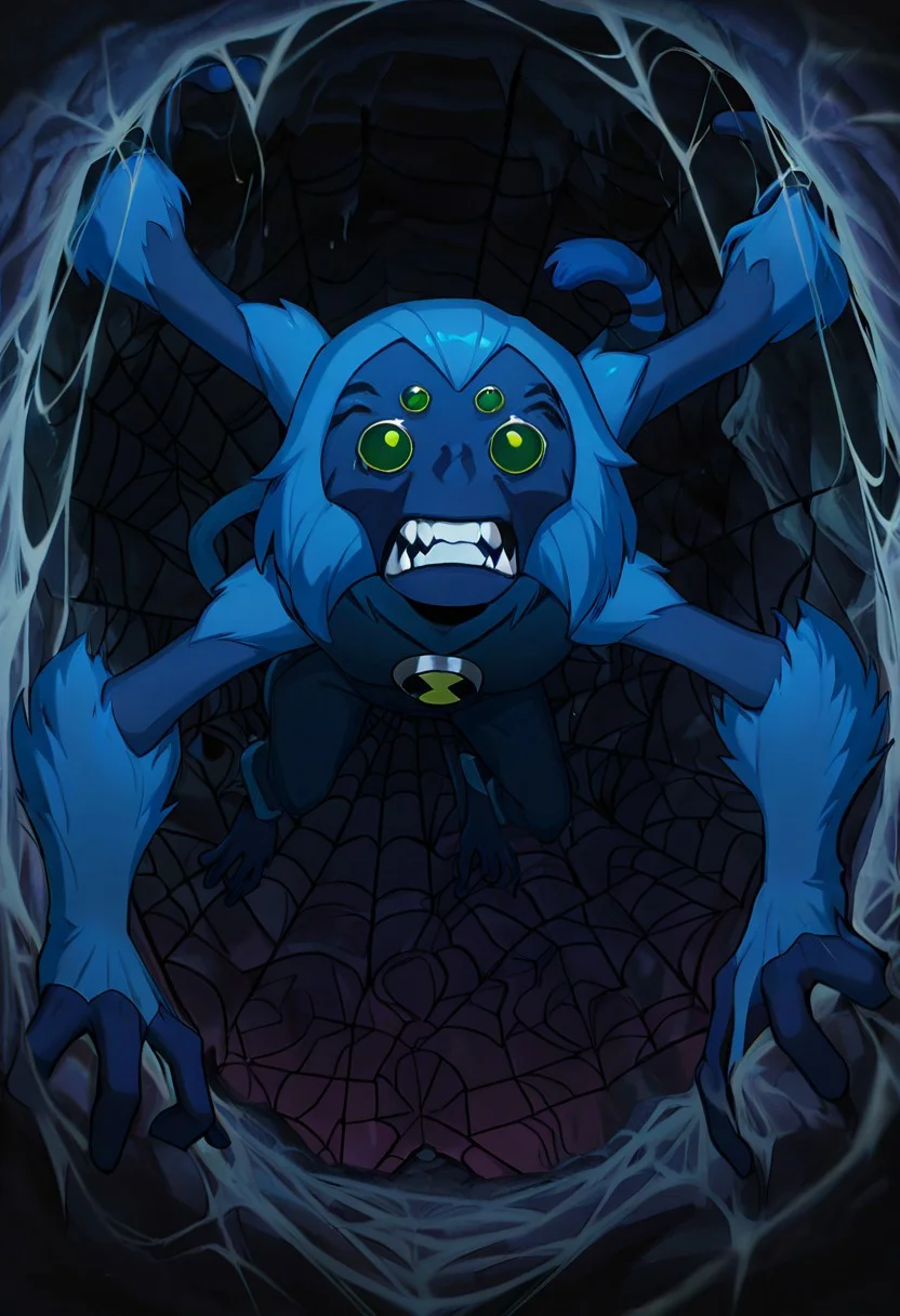 masterpiece, best quality, amazing quality, very aesthetic, absurdres, newest,, detailed background,
spidermonkey, extra eyes, solo, blue skin, extra arms, long blue tail, , green eyes, teeth, blue hair, , teeth, fangs, four arms,
spider cave, inside cave, massive webs, on webs, spider webs, cobwebs,