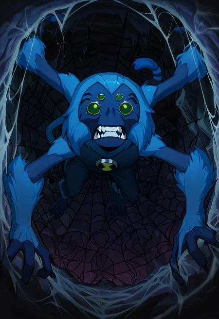 masterpiece, best quality, amazing quality, very aesthetic, absurdres, newest,, detailed background, 
spidermonkey, extra eyes, solo, blue skin, extra arms, long blue tail, , green eyes, teeth, blue hair, , teeth, fangs, four arms, 
spider cave, inside cave, massive webs, on webs, spider webs, cobwebs,