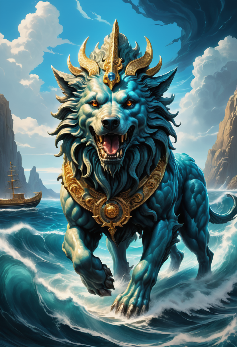 hyper detailed masterpiece, dynamic, awesome quality, cerberos, Sea deity from Greek mythology, mortal turned into an immortal,  prophetic powers, association with the sea, depicted as a wise and benevolent, guardian of sailors