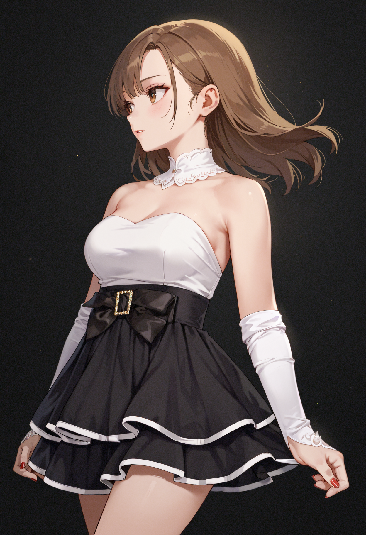 score_9,score_8_up,score_7_up,score_6_up,masterpiece,best quality,amazing quality,very aesthetic,high resolution,ultra-detailed,absurdres,dark background,1girl,standing,looking_to_the_side,medium breasts,brown hair,brown eyes,high-waist skirt,frilled skirt,pleated skirt,white trim,black skirt,bare shoulders,white top,strapless dress,detached sleeves,elbow gloves,white gloves,black bow,<lora:MyTrainings\Temp\White_Top_Black_Frilled_Skirt_Pony_Pony_ARZUMATA\White_Top_Black_Frilled_Skirt_Pony_Pony_ARZUMATA.safetensors:0.7>