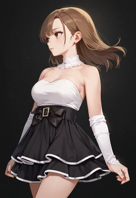 score_9,score_8_up,score_7_up,score_6_up,masterpiece,best quality,amazing quality,very aesthetic,high resolution,ultra-detailed,absurdres,dark background,1girl,standing,looking_to_the_side,medium breasts,brown hair,brown eyes,high-waist skirt,frilled skirt,pleated skirt,white trim,black skirt,bare shoulders,white top,strapless dress,detached sleeves,elbow gloves,white gloves,black bow,<lora:MyTrainings\Temp\White_Top_Black_Frilled_Skirt_Pony_Pony_ARZUMATA\White_Top_Black_Frilled_Skirt_Pony_Pony_ARZUMATA.safetensors:0.7>