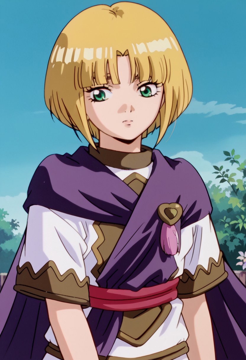 score_8, score_8_up, score_7_up, AWGXS, anime screenshot, retro artstyle,1990s (style), cel animation BREAK 1girl, female focus, solo, Sheba_GS, blonde hair, bob cut, blunt bangs, side locks, short hair with long locks, green eyes, cape, brooch, tunic, short sleeves, sash, upper body, outdoors, Uluru