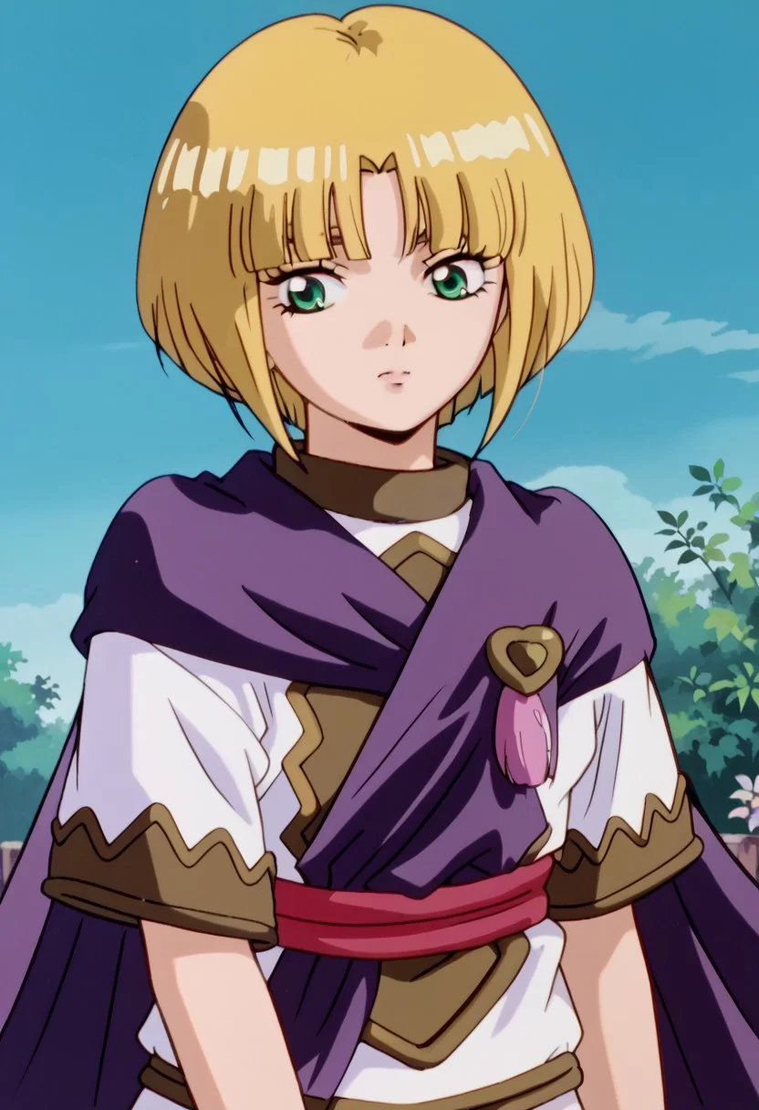 score_8, score_8_up, score_7_up, AWGXS, anime screenshot, retro artstyle,1990s (style), cel animation BREAK 1girl, female focus, solo, Sheba_GS, blonde hair, bob cut, blunt bangs, side locks, short hair with long locks, green eyes, cape, brooch, tunic, short sleeves, sash, upper body, outdoors, Uluru
