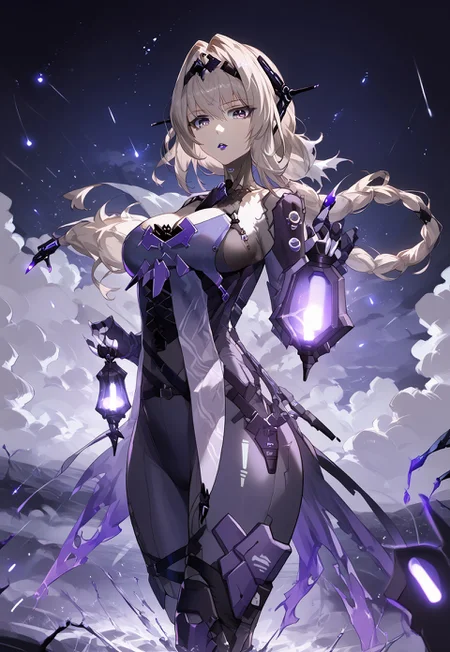 zPDXL3, score_9_up, score_8_up, score_7_up, (Anime_source), 1girl, (Stigmata, purple eyes, pale-blonde hair, single braid, long hair, headgear, purple lips, Stigmata bodysuit, floating hair, holding lamp, Stigmata lamp, cloudy, night, glowing, looking at viewer, standing, parted lips, particles,