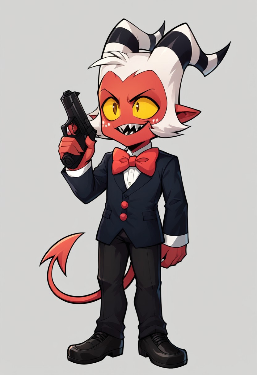 score_9, score_8_up, score_7_up, source_anime, BREAK, solo, shortstack, standing, operaomniastyle, full body, white background, moxie2,long sleeves,1boy,bow,tail,yellow eyes,white hair,male focus,horns,teeth,bowtie,colored skin,black pants,sharp teeth,demon horns,demon tail,furry,colored sclera,red skin,yellow sclera,demon boy, holding pistol