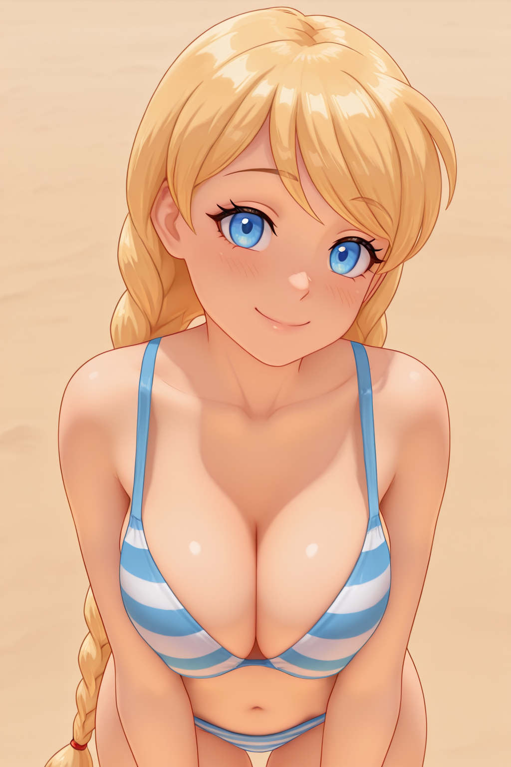 RIIIILF, BTBF, G3NSHIN, 3D, FSlavyaF, blond hair, blue eyes, 1girl, solo, happy, striped swimsuit, big breasts, cleavage, beach, simple background, soft, smooth, very aesthetic, masterpiece, best quality, amazing quality, 8k, ultra-HD, high detail