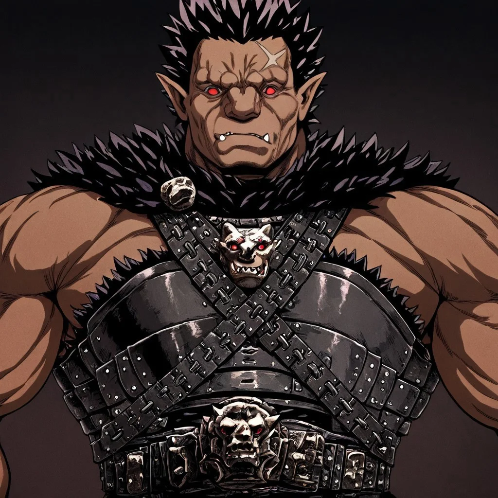 masterpiece, best quality, newest, absurdres, highres, anime, anime style, Zodd-V1.0, muscular male, short hair, red eyes, dark skin, dark skinned male, scar, scar on face, fangs, pointy ears, muscular, spiked hair, black hair, armor,