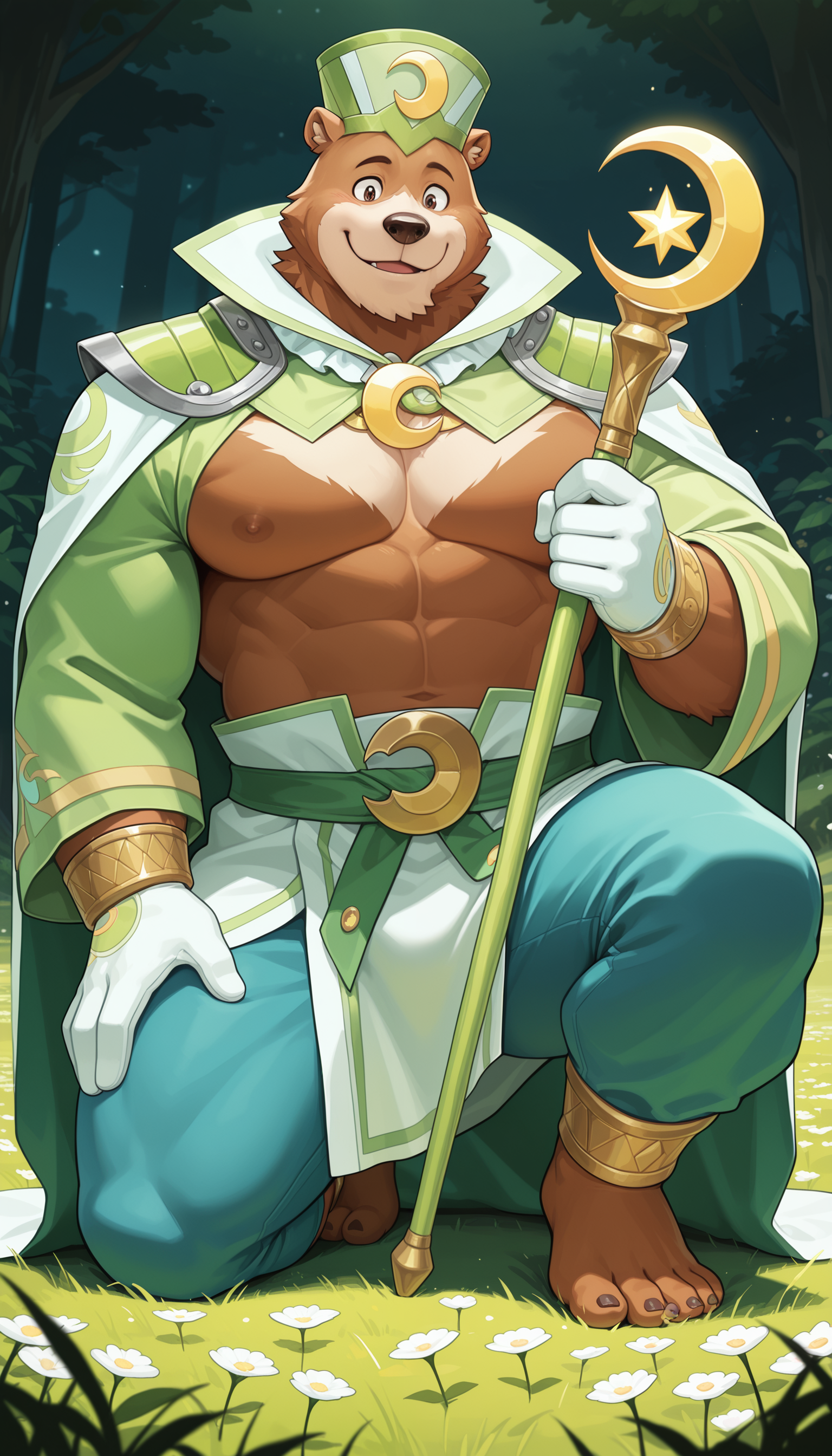 masterpiece, best quality, amazing quality, 1boy, solo, full body,
MoonGYEE, moon bear, bear boy, abs, muscular male, brown eyes,
thick arms, thick legs,
green and white robes, green and white hat with crescent emblem, white collar, crescent moon staff, green and white shrug (clothing), blue knee-length pants, anklets, barefoot, white gloves, cape,
kneeling in field of flowers, smiling, picking up flower, 