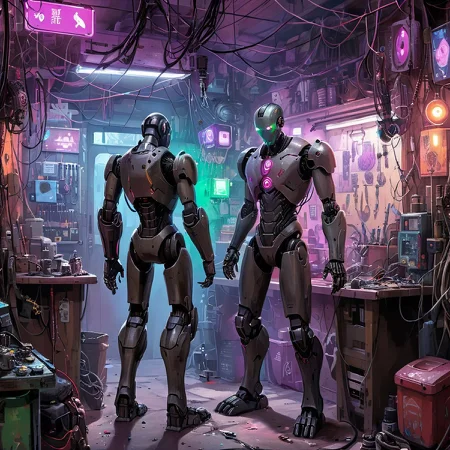 A backstreet robot repair shop, cluttered with spare parts and diagnostic equipment. A skilled technician with cybernetic arms works on a humanoid android, while various AI assistants hover nearby, ArsMJStyle, CyberPunk