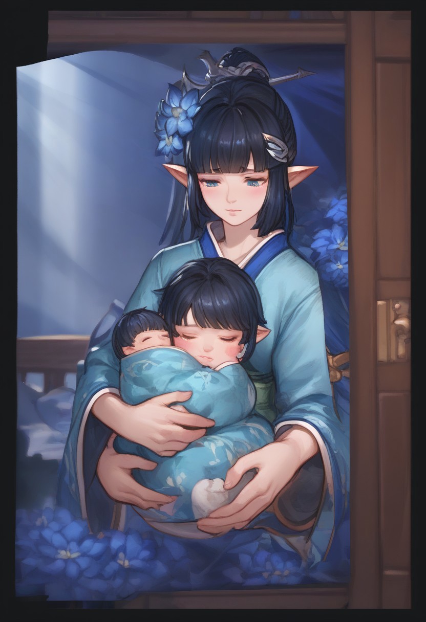 1girl, score_9,score_8_up,score_7_up, blanket over body, 
elf ,pointy ears, blue eyes and long black hair, couplelunia, blue kimono, long black hair mother, wide long sleeves blue kimono, white sock, green obi, himecut, hime cut, blush, black hair wife, blue eyes, close up shot, upper body, blue flower hairpin,
 looking down at baby, sitting down, (baby sleeping), baby carry, holding baby,