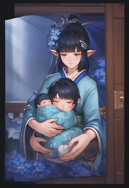 1girl, score_9,score_8_up,score_7_up, blanket over body,
elf ,pointy ears, blue eyes and long black hair, couplelunia, blue kimono, long black hair mother, wide long sleeves blue kimono, white sock, green obi, himecut, hime cut, blush, black hair wife, blue eyes, close up shot, upper body, blue flower hairpin,
looking down at baby, sitting down, (baby sleeping), baby carry, holding baby,