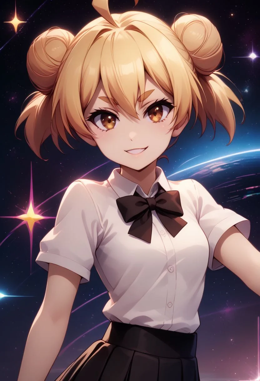 score_9, score_8_up, score_8, medium breasts, (curvy), cute, eyelashes, rating_safe,
BREAK,
zzgakumazawatatsuko, bangs, blonde hair, hair between eyes, brown eyes, ahoge, hair bun, double bun, thick eyebrows, school uniform, neck ribbon, white shirt, collared shirt, short sleeves, black skirt,
BREAK,
looking at viewer, smile,
dynamic angle, stars, floating, colorful, pink, blue eyes, black bow, from side, on back, spaceship, technological,
zPDXL,