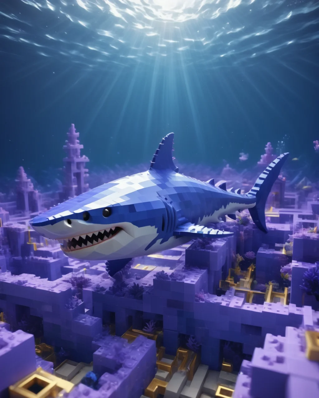 ((best quality)),(masterpiece),shark,awardwinning,Psykadelicwoxel3d,made of voxels, <lora:Psykadelicwoxel3d-step00000350:1>,scenery in the background,underwater