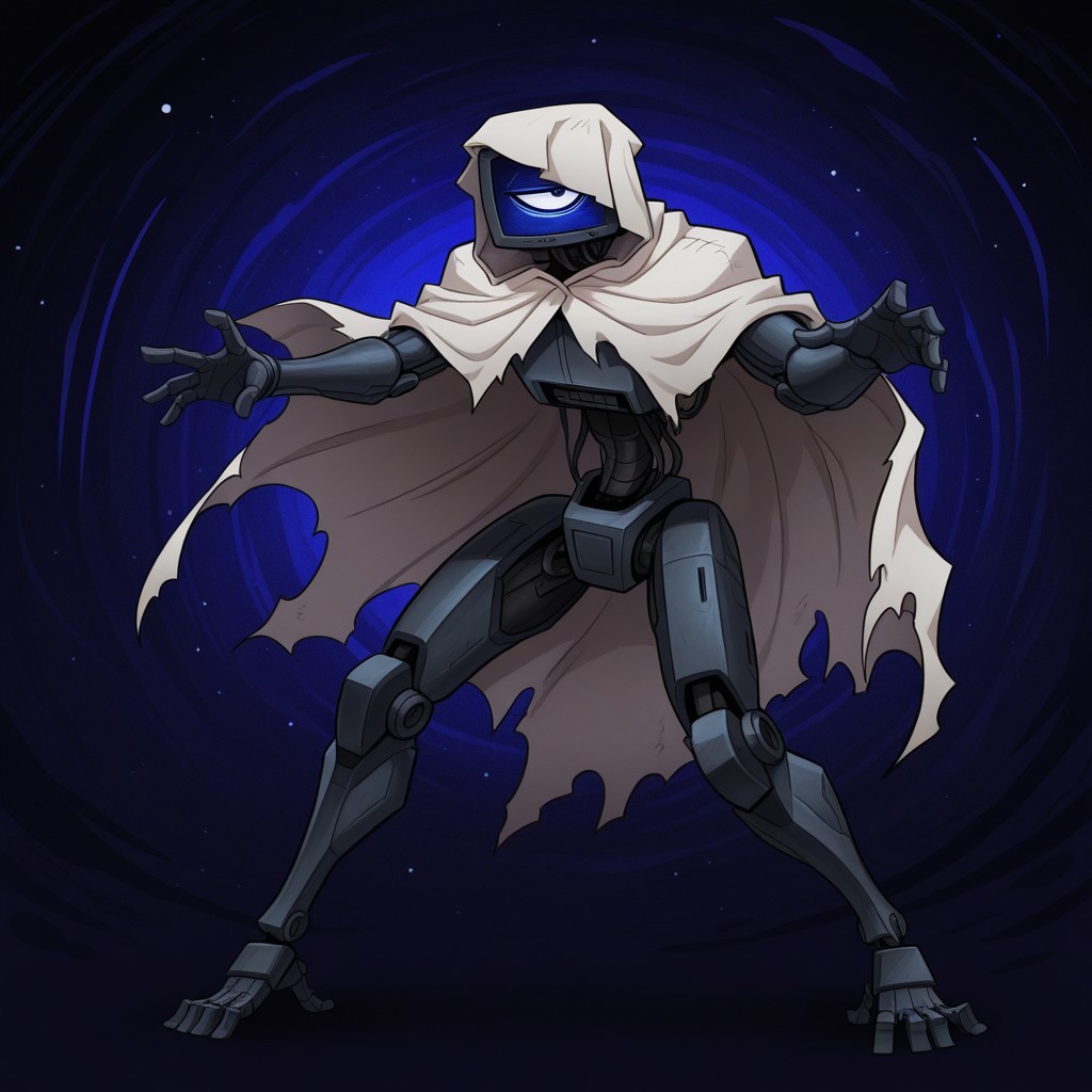 detailed, hires, absurd res, best quality, high quality, masterpiece, 4K, perfect eyes, perfect face, detailed hands, 5 fingers, newest BREAK male, 1boy, solo, ppthedoctor, robot, tv head, screen face, 1 eye, white cloak, hood, standing, full body, dynamic pose, half-closed eye