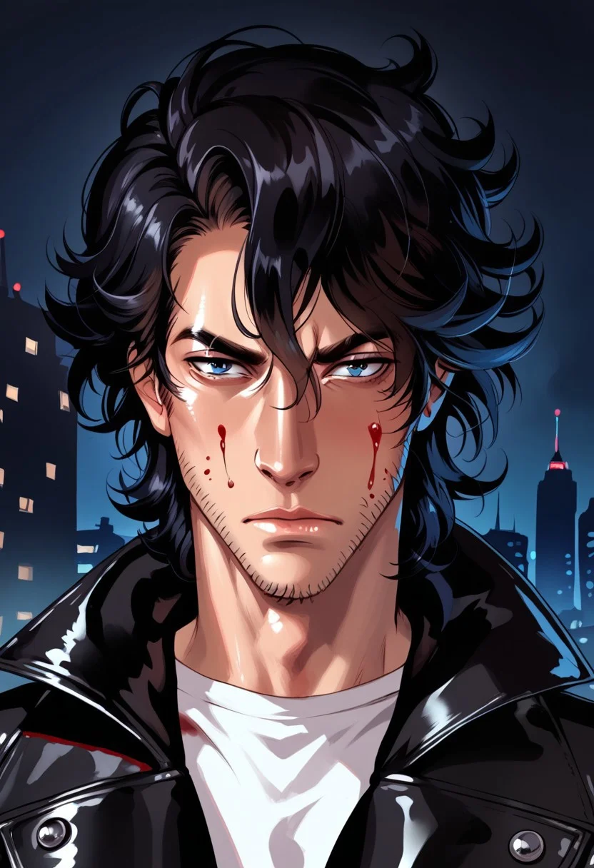 (score_9,score_8_up,score_7_up,score_6_up,score_5_up,score_4_up), dark background, city background, low light, night, BREAK,
1boy, 40 years old, mature man, marcosoliveira, messy hair, long black hair, straight hair, wolfcut hair, bright blue eyes, stubble, eye_focus, close-up, solo, looking_at_viewer, strong body, 1boy, solo, male focus, serious, tired look, wide shoulders, muscular male, blood on face, blood on clothes,
black leather jacket, white T-shirt, dynamic position,
Expressiveh